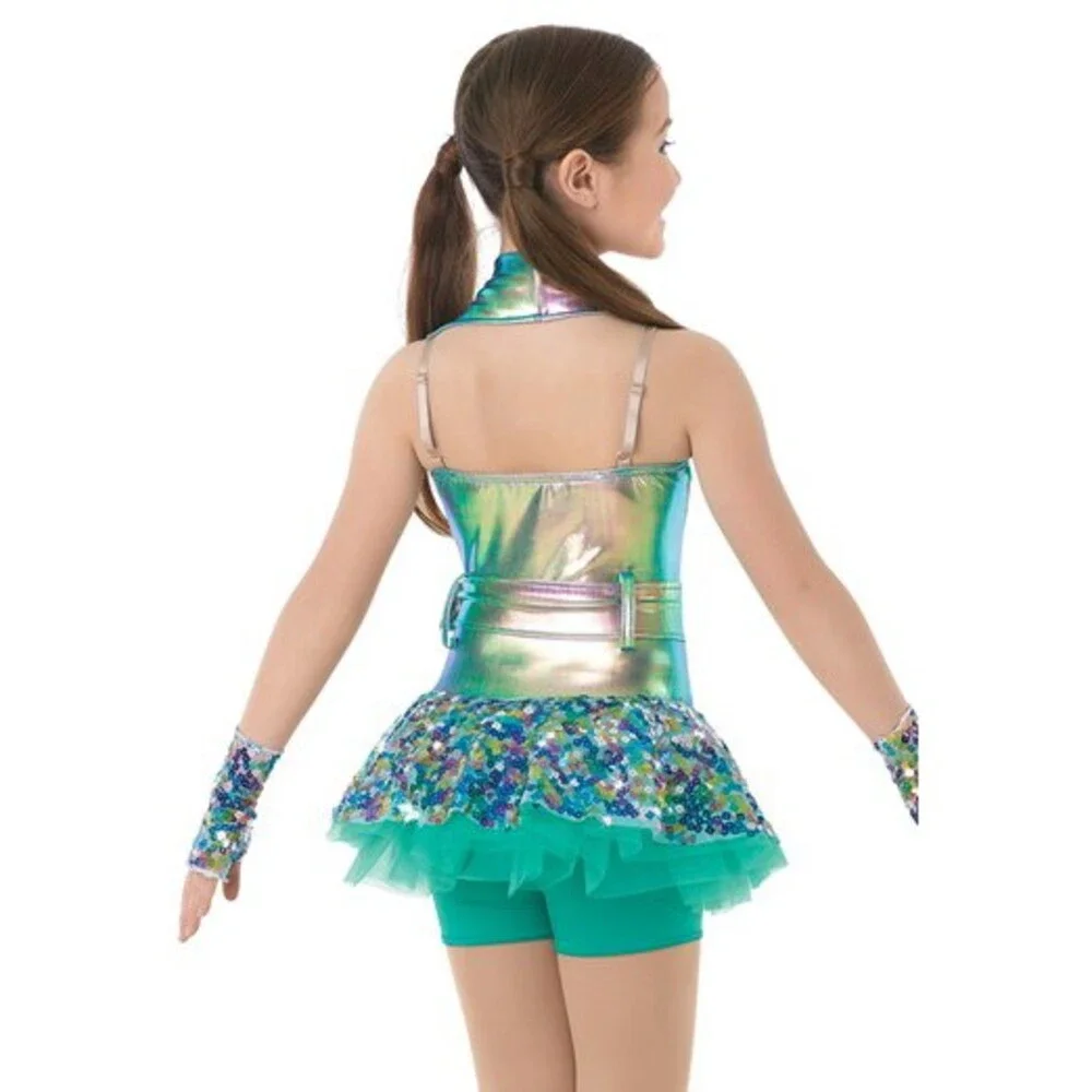 Pre-Owned Dance Costume Weissman 8690 Medium Child Green Jazz Hip Hop Sequin